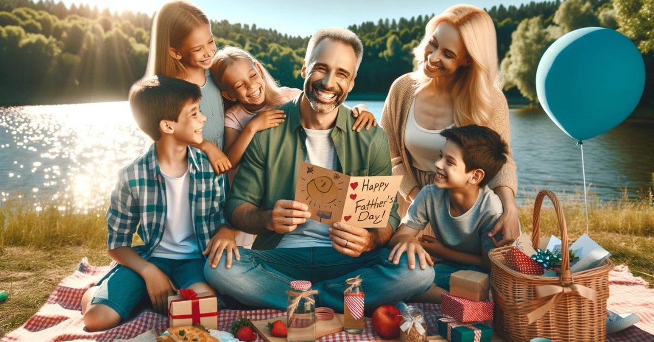 Family celebrating Dad on Father's Day;