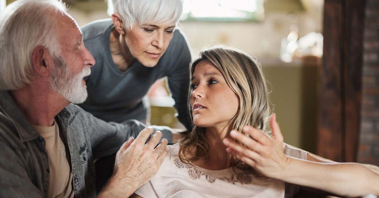 Parents serious talk with adult daughter upset conflict